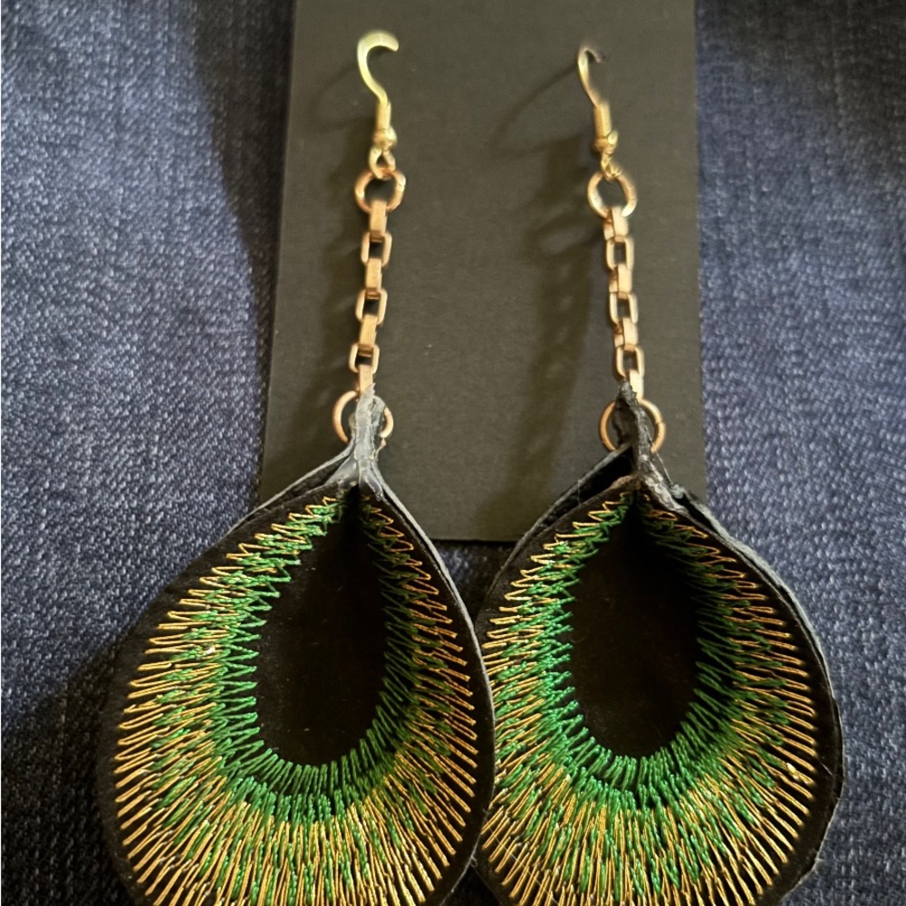 Elegant Green and Gold Peacock Dangle Earrings